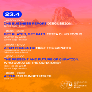Infographic flyer with information on AFEM's activities at IMS Ibiza on Wednesday 23 April 2025